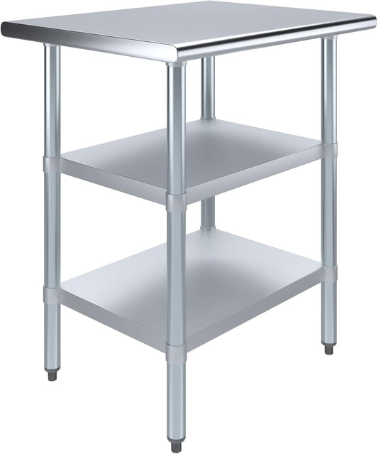 AmGood Stainless Steel Work Table with 2 Shelves | NSF | Metal Utility Table (30" Long x 24" Deep)