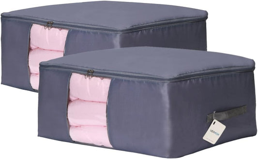 Comforter Storage Bags Containers,Pillow Beddings/Blanket Clothes Organizer Storage Containers With Zippers,Breathable and Moistureproof. (Grey 2pcs, L)