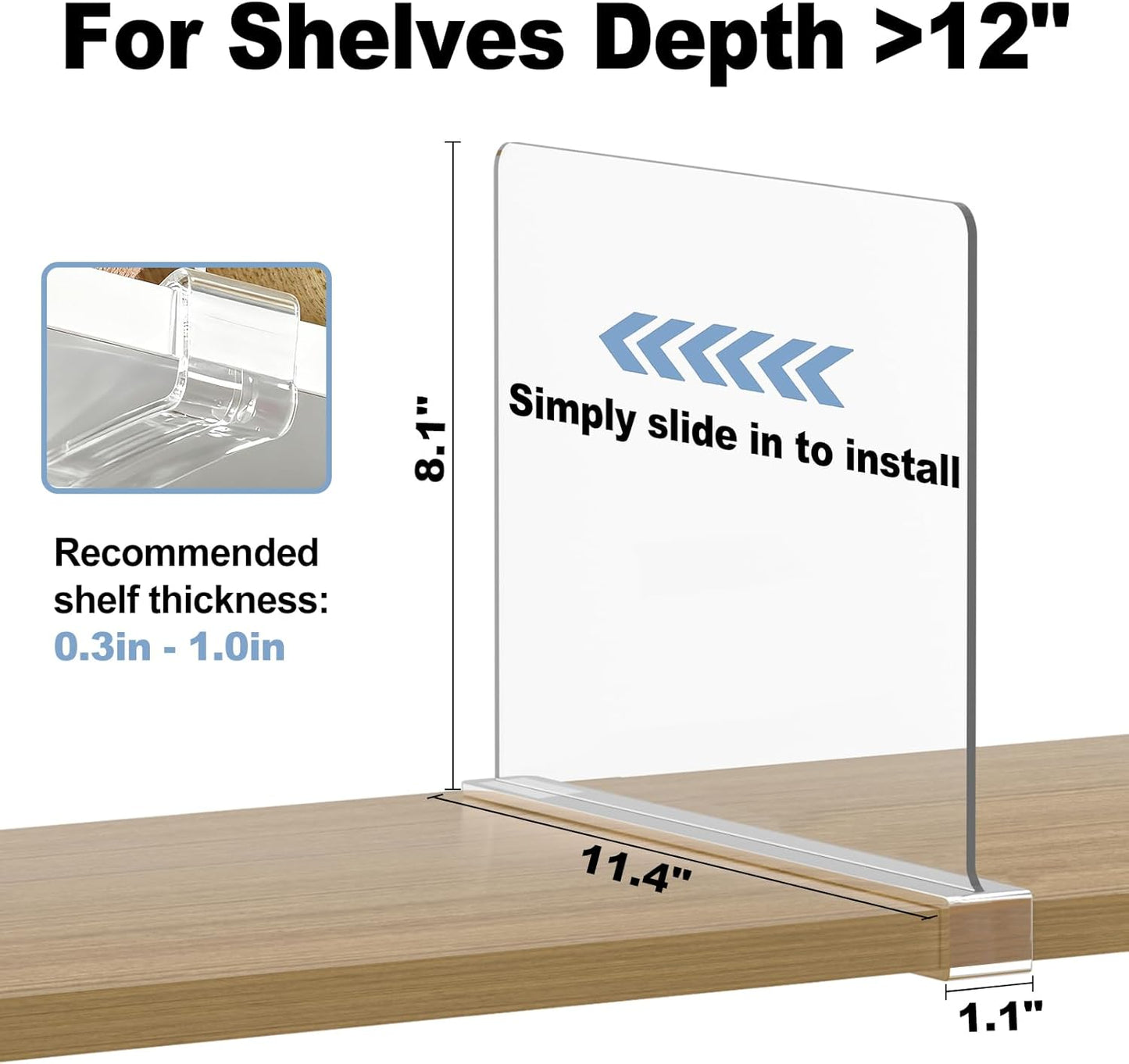Purse Organizer for Closet Shelf Dividers: 12-Pack Adjustable Clear Acrylic Bag Storage Organizer for Handbags, Sweaters, Towels, Jeans and Shoes on Wood Shelves