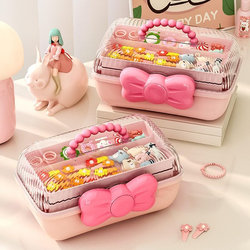 Cute Hair Accessories Organizer 3-Layers Kids Jewelry Storage Box Plastic Hair Accessories holder for Girls (Purple, 10.8 x 5.7 x 5.9 Inch)
