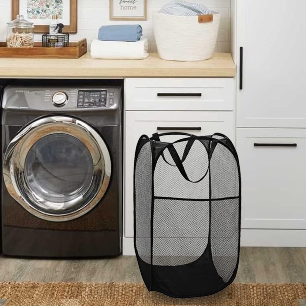 BATTOO Deluxe Strong Mesh Pop up Laundry Hamper Basket with Side Pocket Foldable Hamper for Laundry Room, Bathroom, Kids Room, College Dorm or Travel Black + Black