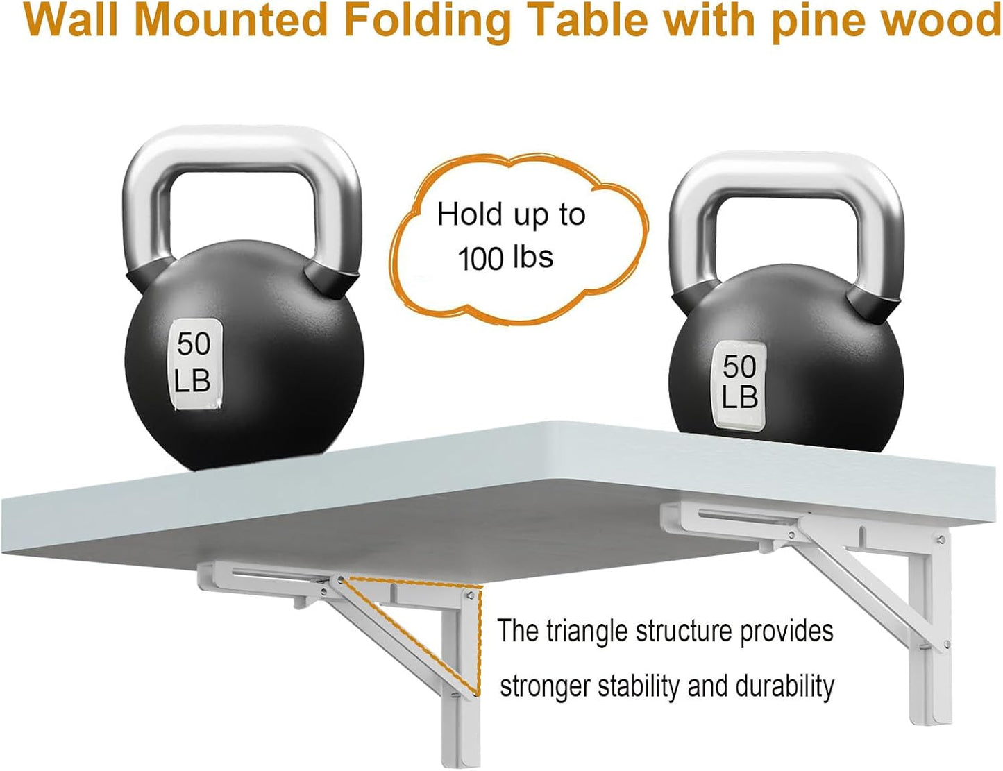 IAE Wall Mounted Folding Table with Pine Wood,24" x 14" Floating Wall Desk,Laundry Folding Table with Shelf Bracket,Fold Down Desk Shelf,Folding Workbench for Home,Dining, Laundry Room,Kitchen,White
