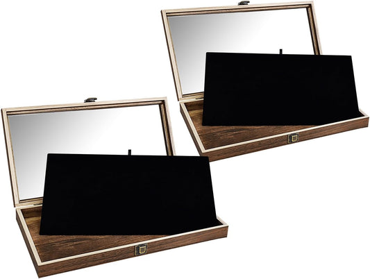 MOOCA 2 Pcs Wooden Jewelry Display Case Tempered Glass Top Lid, Gemstone Display Case, Pocket Knife Case with Metal Clasp & Removable Black Luxurious MDF Velvet Jewelry Pad, Brown Color