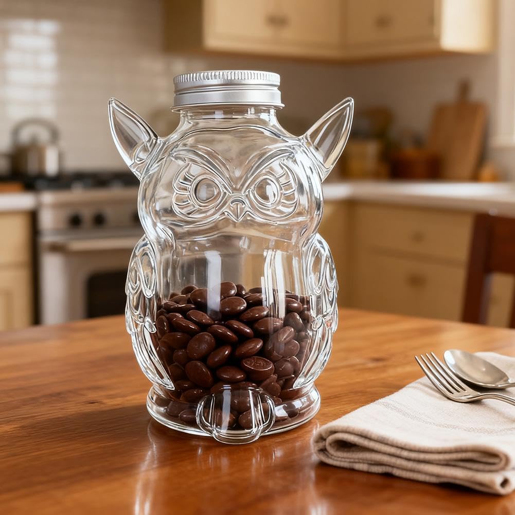 Owl Treat Jar, Airtight Glass Snack Container with Lid, Cute Owl Shaped Candy Pet Snack Jar, Clear Box Cute Container for Kitchen Food Storage