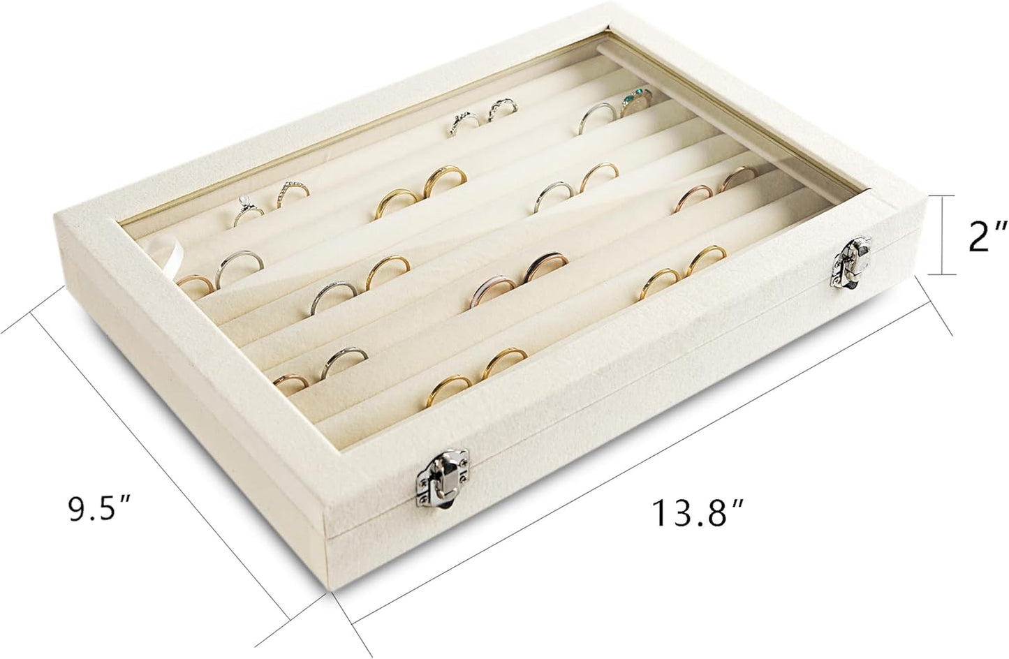 Frebeauty Rings/Earrings Organizer Tray with Clear Lid 10 Slots Velvet Drawer Insert Jewelry Storage box with Glass lid Jewelry Display Case Showcase Gift for Girls Women (Beige, 10 Slots)