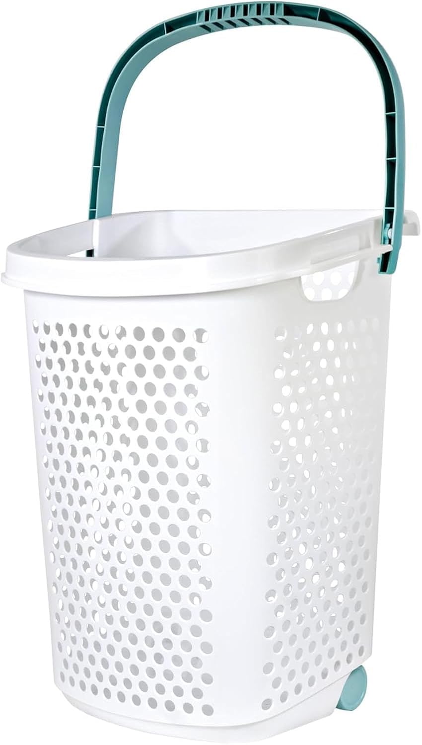Heavy-Duty Plastic Wheeled Rolling Laundry Basket with Pop-Up Wide Handle, Ventilated Design, Easy to Clean, Spacious 70.52 Liters (2 Bushel), Large Capacity for Families, Dormitories, Laundry Rooms