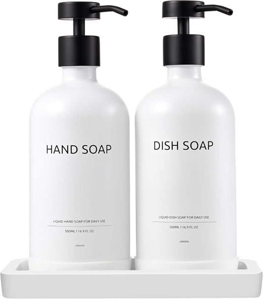 Glass Kitchen Soap Dispenser Set with Ceramic Tray,16.9 floz Hand and Dish Soap Dispenser for Kitchen and Bathroom Decor (White Bottles + Black Pumps)
