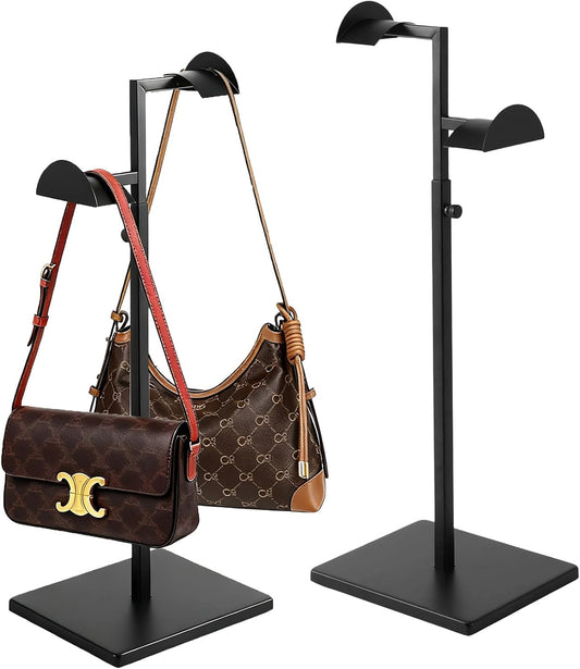 2 Pack Purse Stands for Display, Dual Hook Purse Holder, Stainless Steel, Adjustable Height Purse Rack Stand Bag Hanger for Closet, Handbag Display Stand for Vendors Table Boutiques (Black)