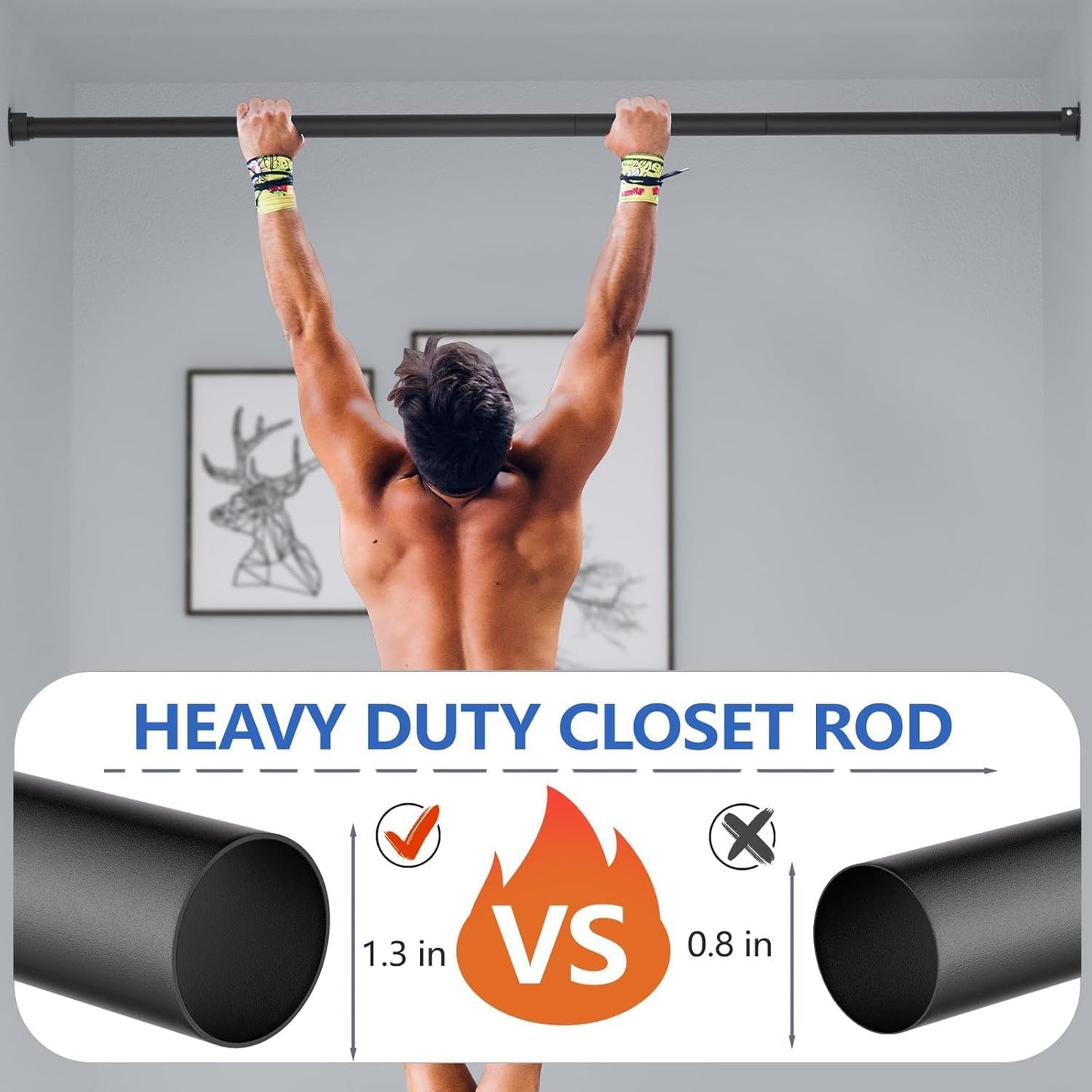 Closet Rod, 17 to 38 Inch Adjustable Closet Bar for Hanging Clothes, Heavy Duty Clothes Hanging Rod Closet Poles for Wardrobe, Laundry, Bathroom, Windows, Matte Black, 1.3 Inch Diameter