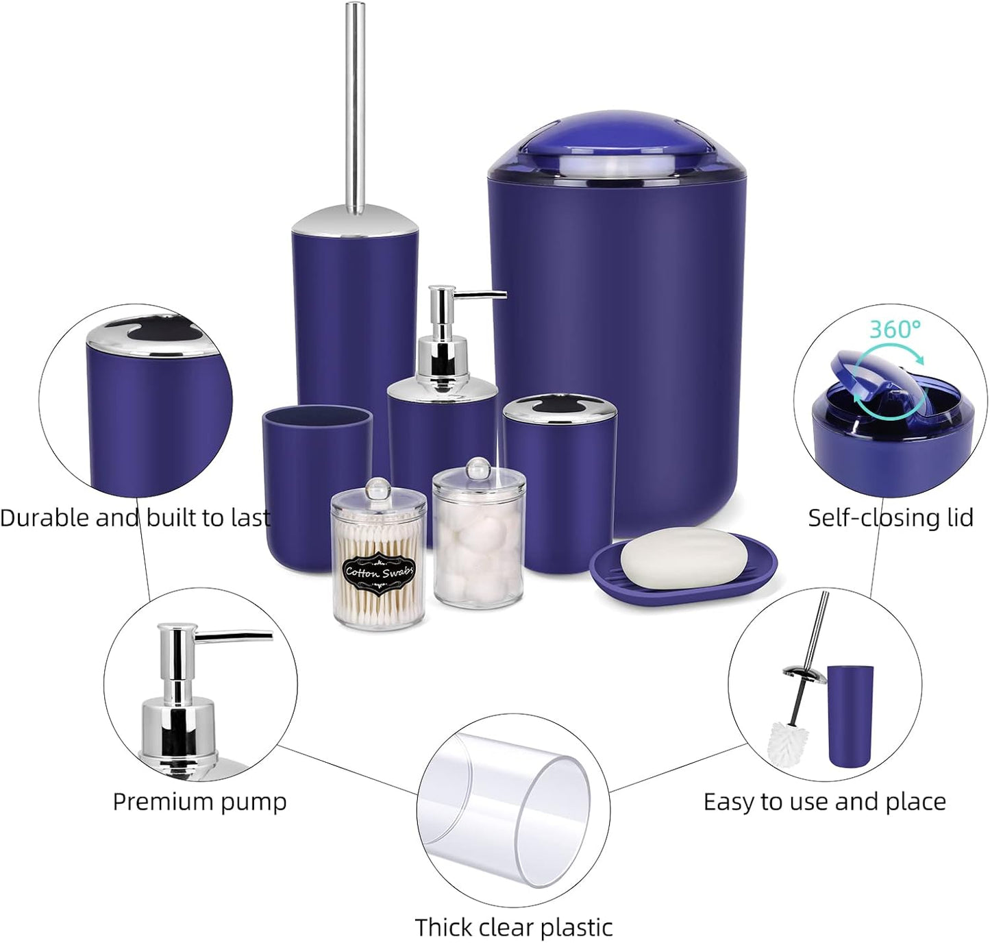 IMAVO Bathroom Accessories Set,Navy Blue Bathroom Set,9 Pieces Bathroom Accessory Set,Tray,Qtip Holders,Toilet Brush,Trash Can for Bathroom Décor and Home Gifts