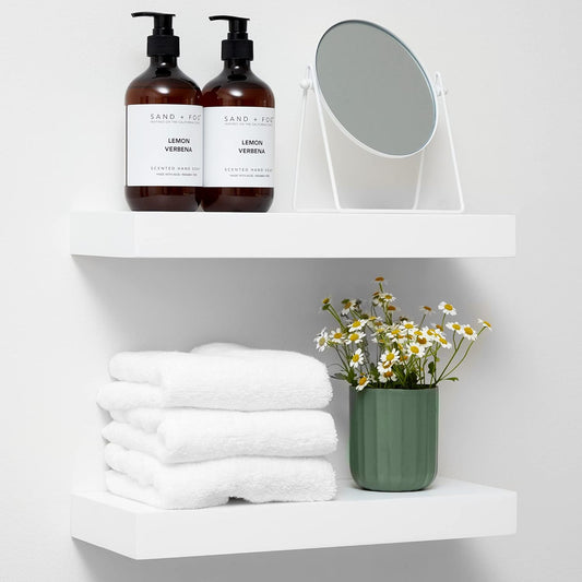 Homeforia White Floating Shelves 16 inch, High End Solid Real Wood 16inch Bathroom Floating Shelf for Wall Mounted, White Wooden 16 Floating Shelves, Heavy Duty Bracket, 16 X 6.5 X 1.75 inch, Set of 3