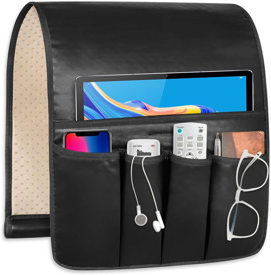 Non-slip Couch Organizer Armchair Caddy, Artificial Leather TV Remote Control Holder Bedside Caddy with 5 Pockets for Key Glasses Phone Magazine Holders (Black faux leather, 35"x12.4")