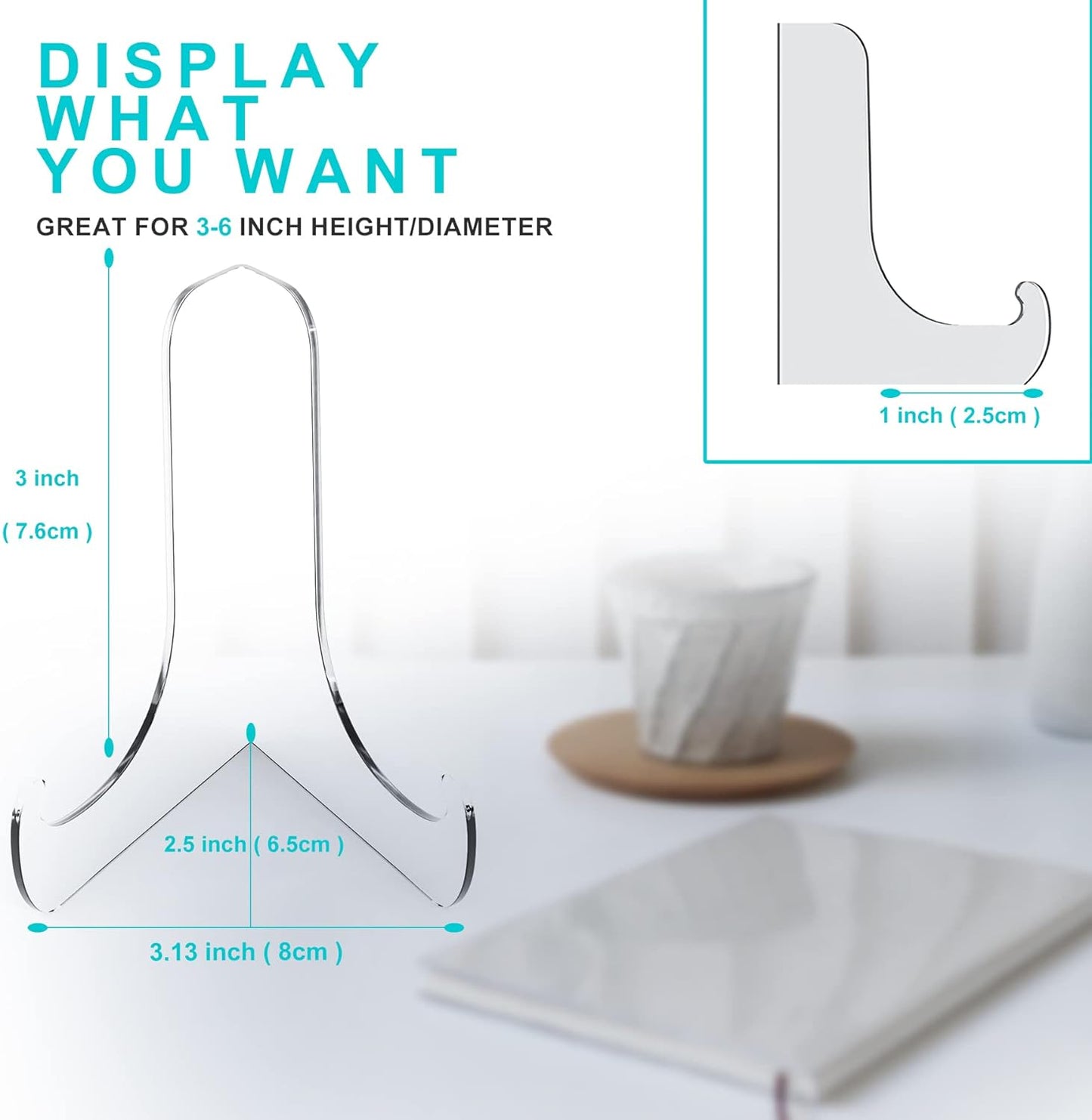 Boloyo 60-Degree Angle Acrylic Plate Display Stand , 3 Inch 5PC Clear Acrylic Display Holder Easel Base for Home Office Kitchen School Art Display