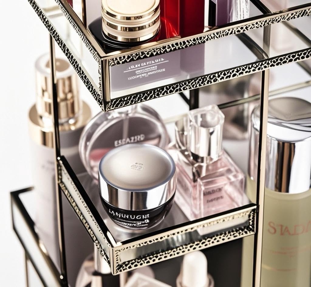 Vintage Glow Antique 360 Degree Rotating Makeup Organizer,4-Tier Spinning Perfume Tray,Countertop Cosmetic Storage ,Glass Beauty Display,Retro Large Capacity Vanity Organizer for Brushes Skincare