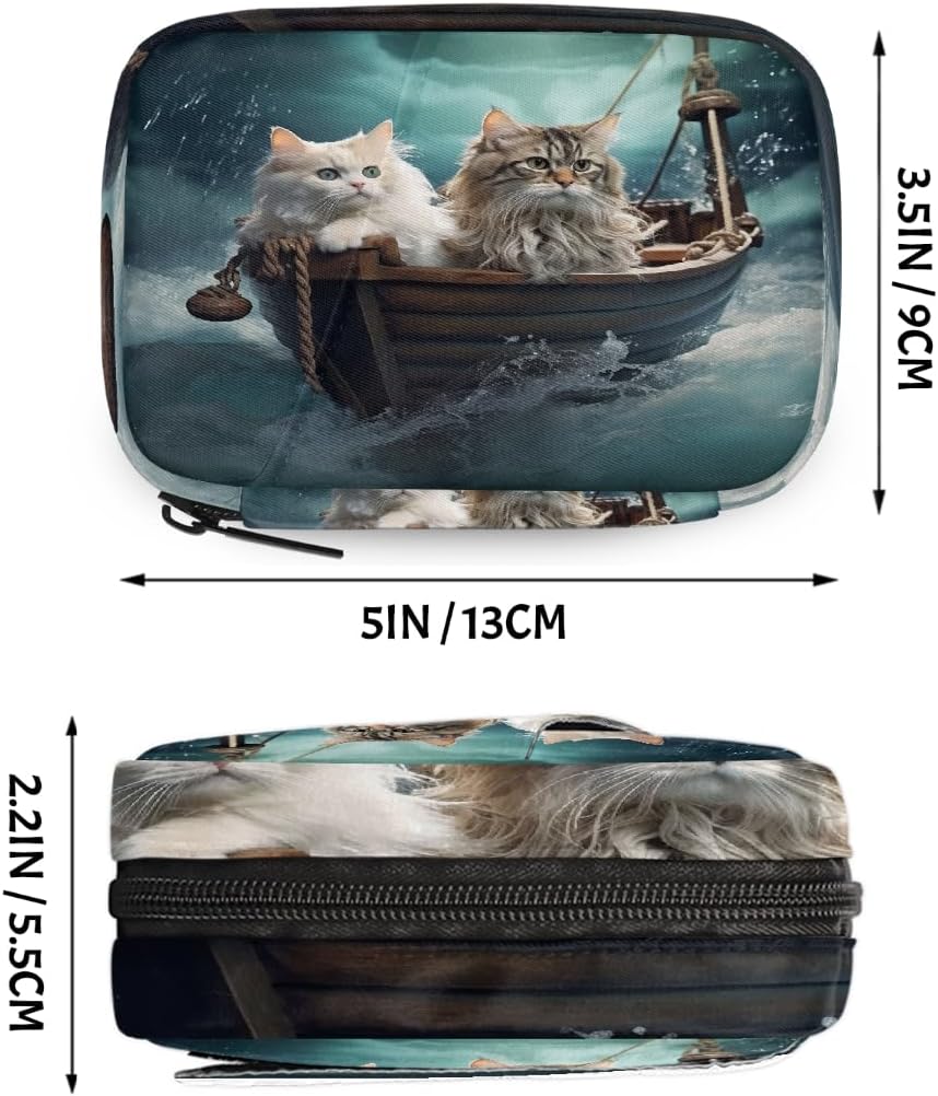Funny Cats Wooden Boat Pill Organizer Travel Medicine Case with Zipper Daily Vitamin Storage Bag Portable 8 Slot Weekly Pill Box Supplement Holder for Home Office Gym Travel