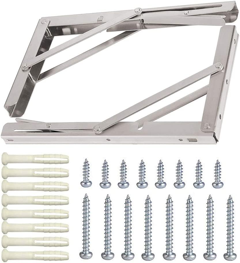 Folding Shelf Brackets, Max Load 300 lb, Heavy Duty Stainless Steel Collapsible Wall Mounted Shelf Brackets for Table, Space Saving DIY Bracket, Pack of 2 (2, 20 Inch)