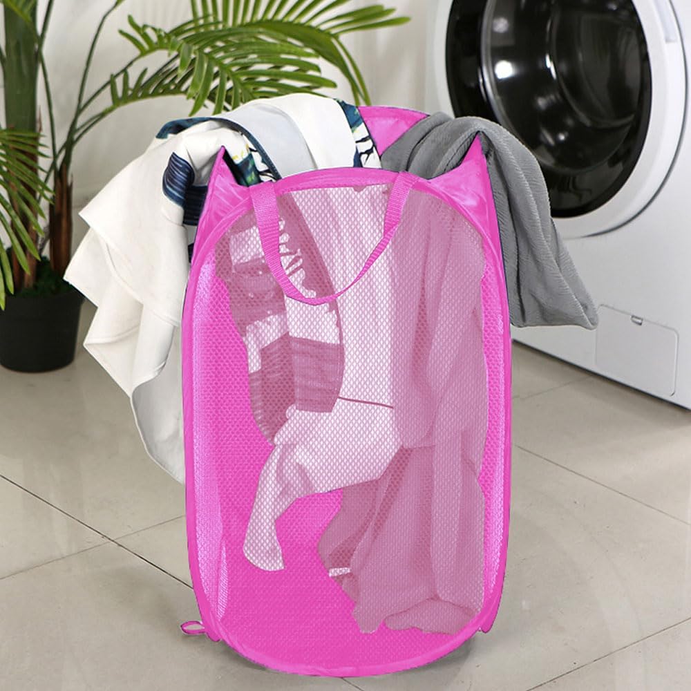 Larpur Popup Laundry Basket, Collapsible Portable Mesh Clothes Washing Laundry Hamper with Reinforced Carry Handles (Pink)