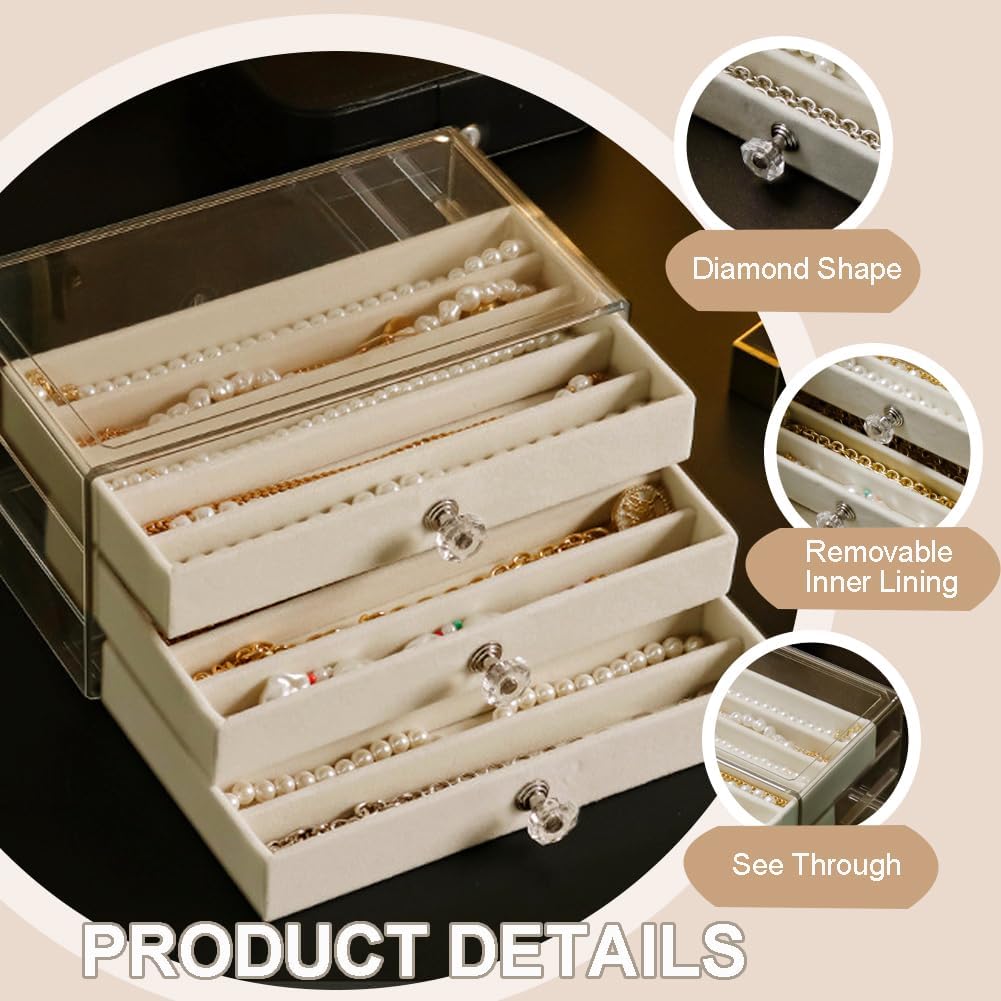 SPAKOWN Necklace Organizer Box, Velvet Necklace Box Holder Tray with Clear Lid Chains Showcase Stackable Necklace Storage for Pendant Bracelet (3 Drawers - Beige)