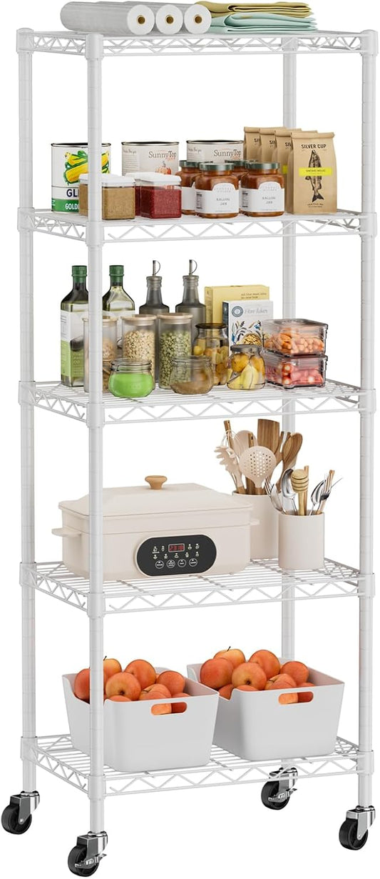 Small 5 Tier Shelves Storage Wire Shelving Unit Metal Shelf Adjustable Organizers Storage Shelving with Wheels for Bathroom Laundry Room Kitchen Pantry12”D x 18”W x 57.2”H White