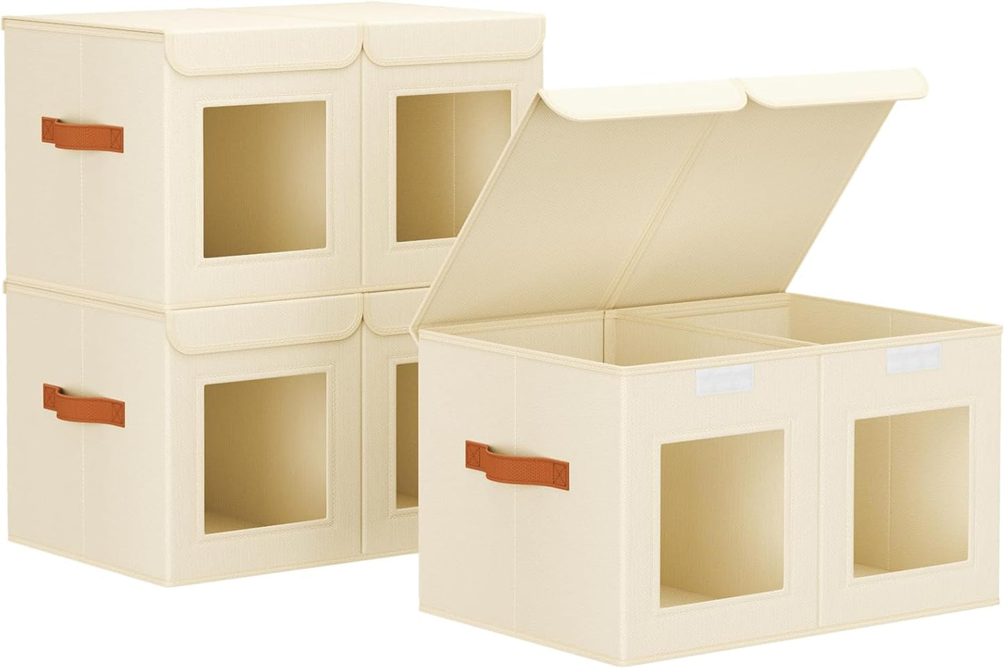 Large Closet Storage Bins - Collapsible Divided Clothes Organizer with Lids & Dual Window, Fabric Organizing Bins for Clothes, Sweater, Toys, Bedroom, Office (Beige, 3 Pack)