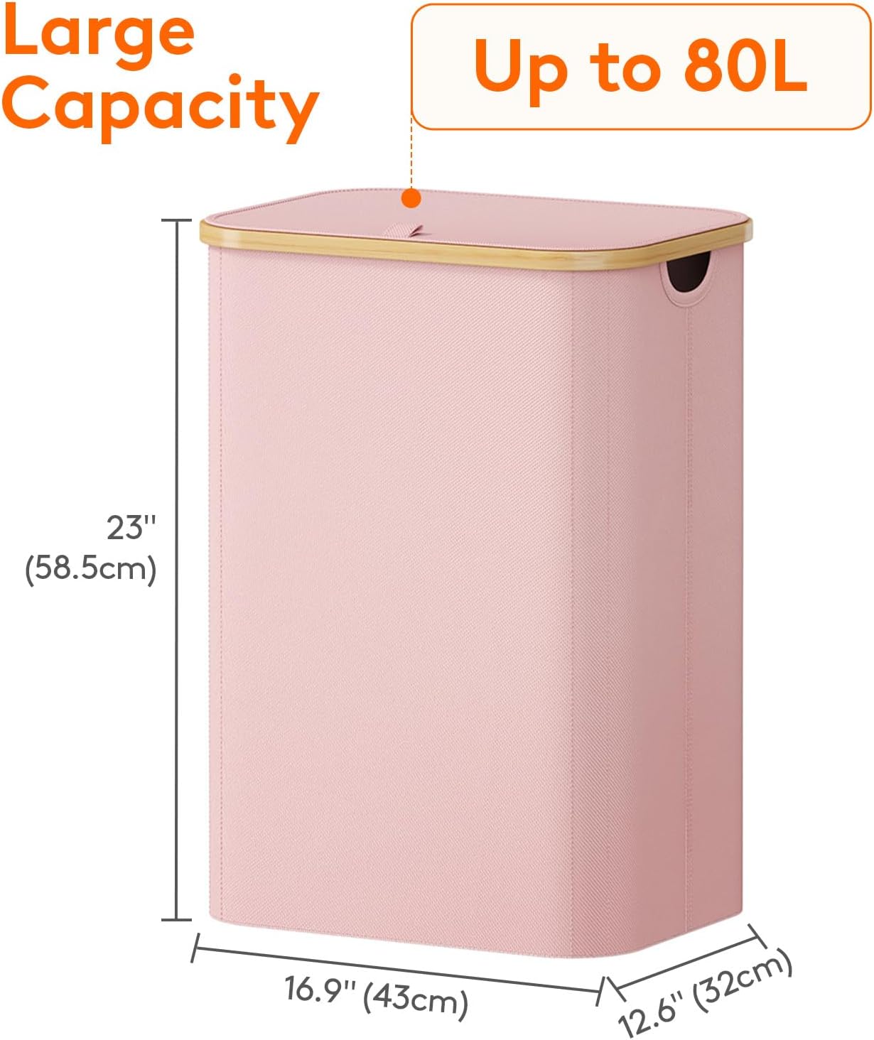 Lifewit 80L Laundry Basket with Lid, Clothes Hampers for Laundry with Bamboo Handles and A Removable Bag, Large Foldable Laundry Hamper for Bedroom, Bathroom, Dorm, Laundry Room, Pink