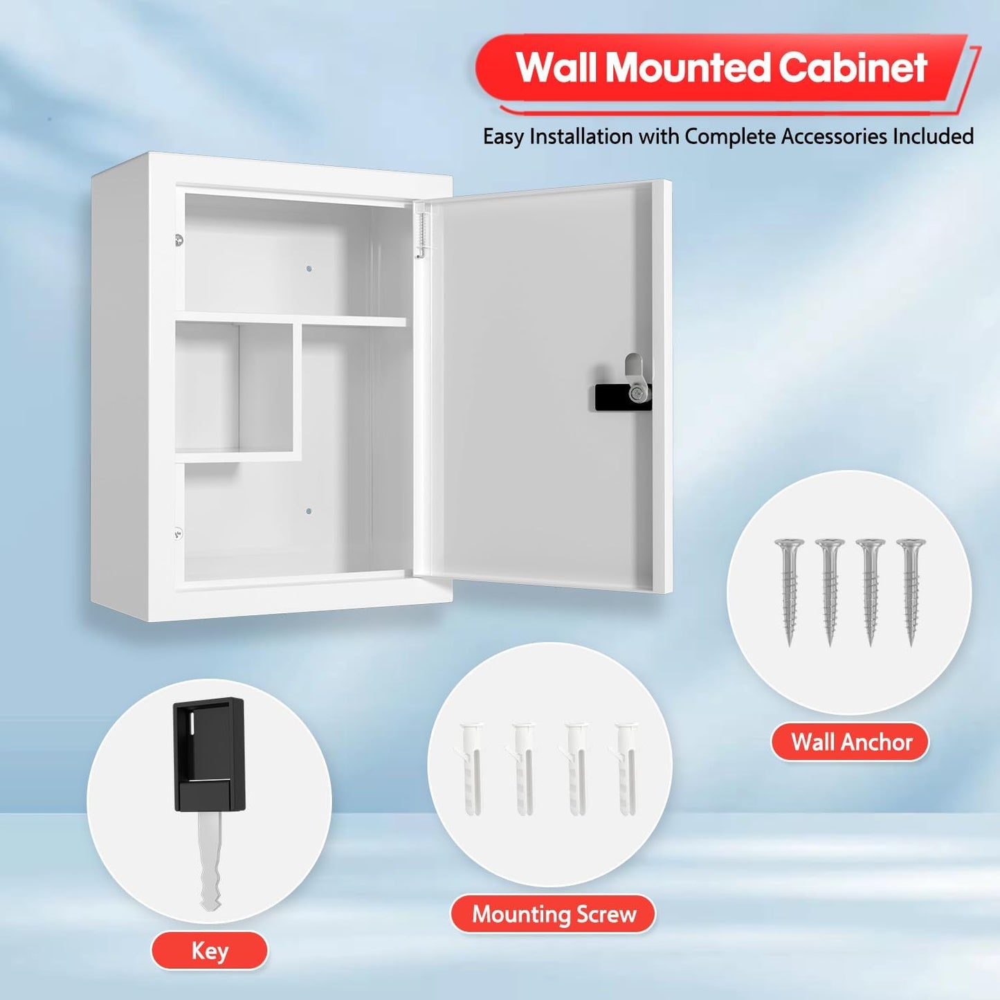 Wall-Mount Locking Medicine Cabinet: Large Metal Storage Organizer Box with Combination & Key Lock - First Aid Medicine Cabinet 3-Compartment Design for Bathroom Home (15.75" H x 11.82" W x 4.72" D)