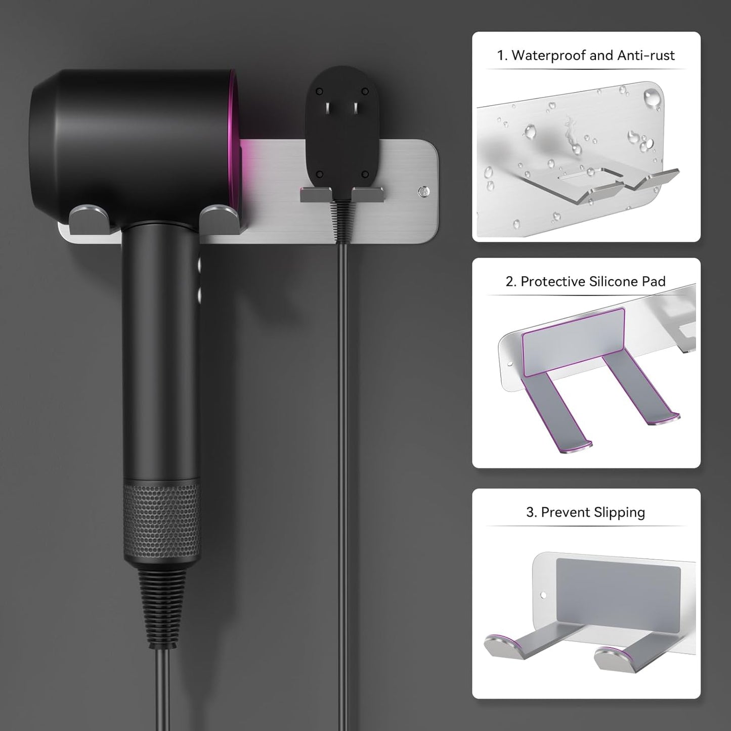 Hair Dryer Holder Wall Mounted, New Upgrade Stainless Steel Self Adhesive Blow Dryer Holder Rack for Dyson Supersonic Hair Dryer,Silver