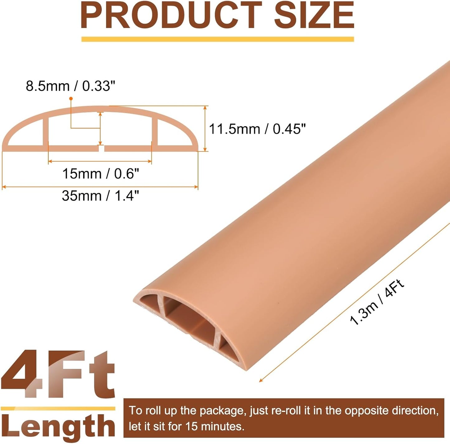 HARFINGTON 4ft Cord Cover Floor W0.6 x H0.33 Inner Channel PVC Hide Extension Cable Floor Wire Hider Wire Covers Protector for Prevent Cable Trips Cables Management, Brown