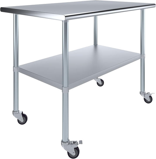 AmGood 30" x 48" Stainless Steel Work Table with Casters | Heavy Duty Metal Utility Table On Wheels | Kitchen Island Cart