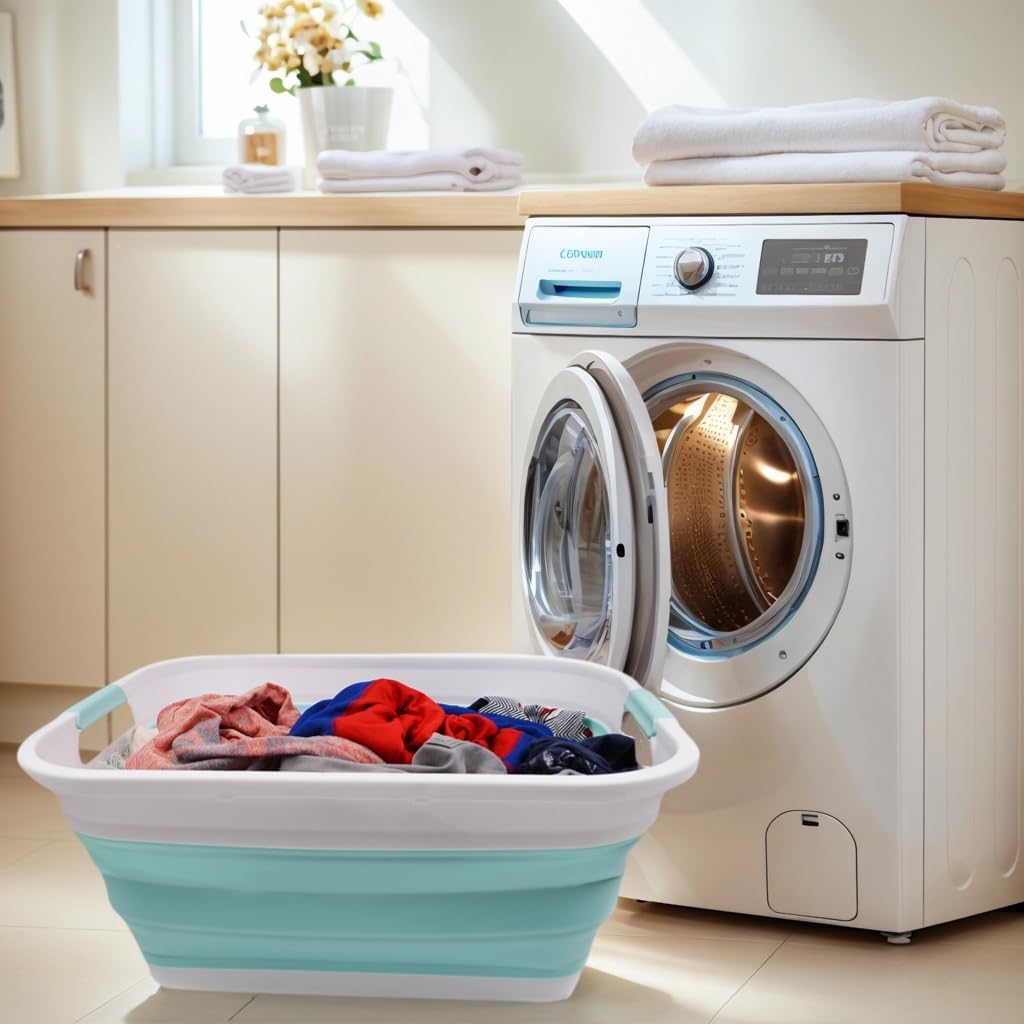 SAMMART 41L (10.8 gallon) Collapsible Plastic Laundry Basket-Foldable Pop Up Storage Container/Organizer-Portable Washing Tub, Water capacity: 32L (8.4 gallon) (Rectangular, White/Lake Green)