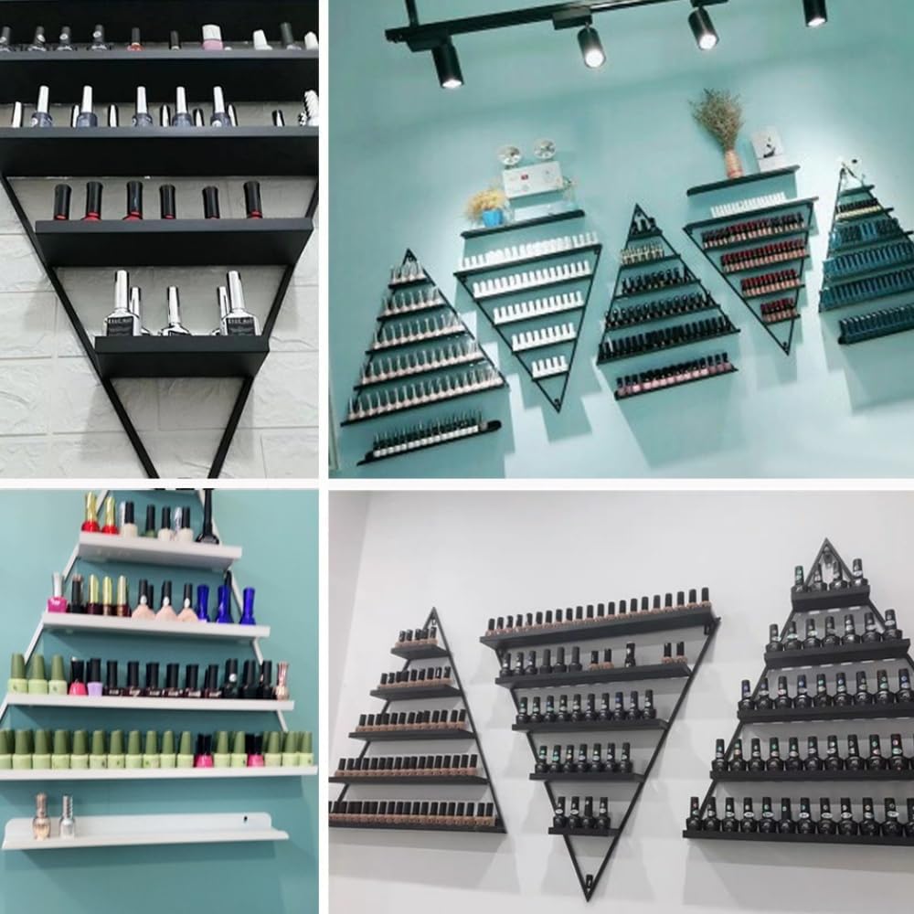 Elegant Gold Wall Mounted Nail Polish Rack - Set of 6 Triangular Cosmetic Display Shelves for Essential Oil Bottles, Organize Your Lipsticks and Perfumes in Style at Home or Salon (Black)