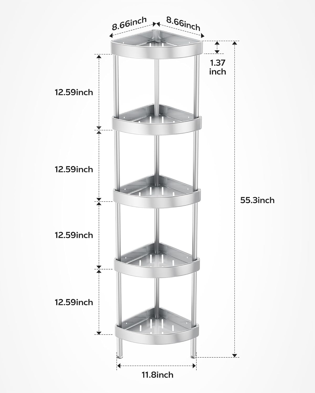 Nieifi Corner Shower Caddy Stand-5 Tier Rustproof Anodized Aluminum Standing Shower Organizer-Shower Caddy Corner-Dual Stability to Anti-Shaking-Height-Adjustable Legs for Uneven Surfaces-Silver
