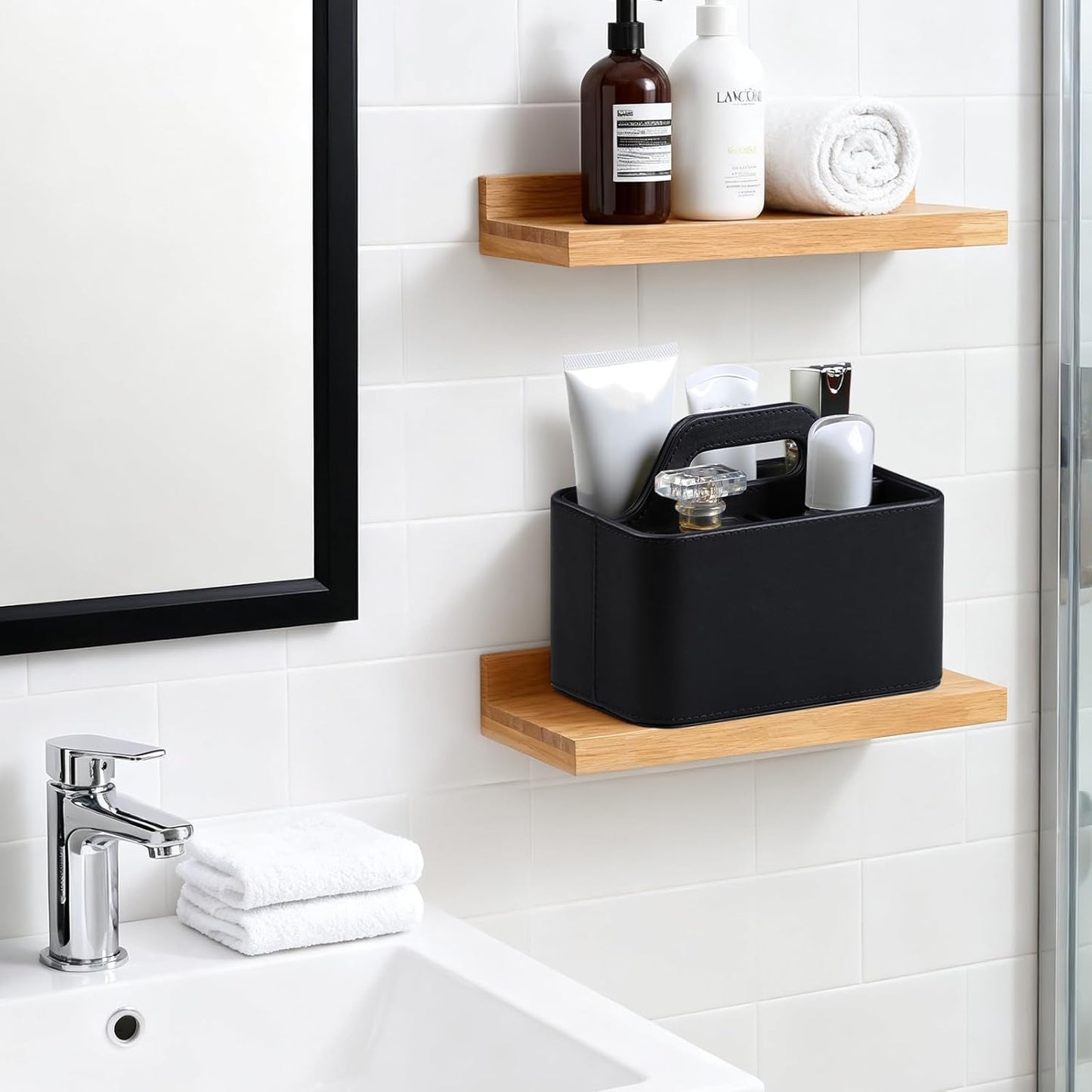 Caddy Organizer with Handle, PU Leather Remote Control Holder Desk Caddy, Portable Makeup Office Supply Organizer for Bathroom, Nightstand, Dresser (Black)