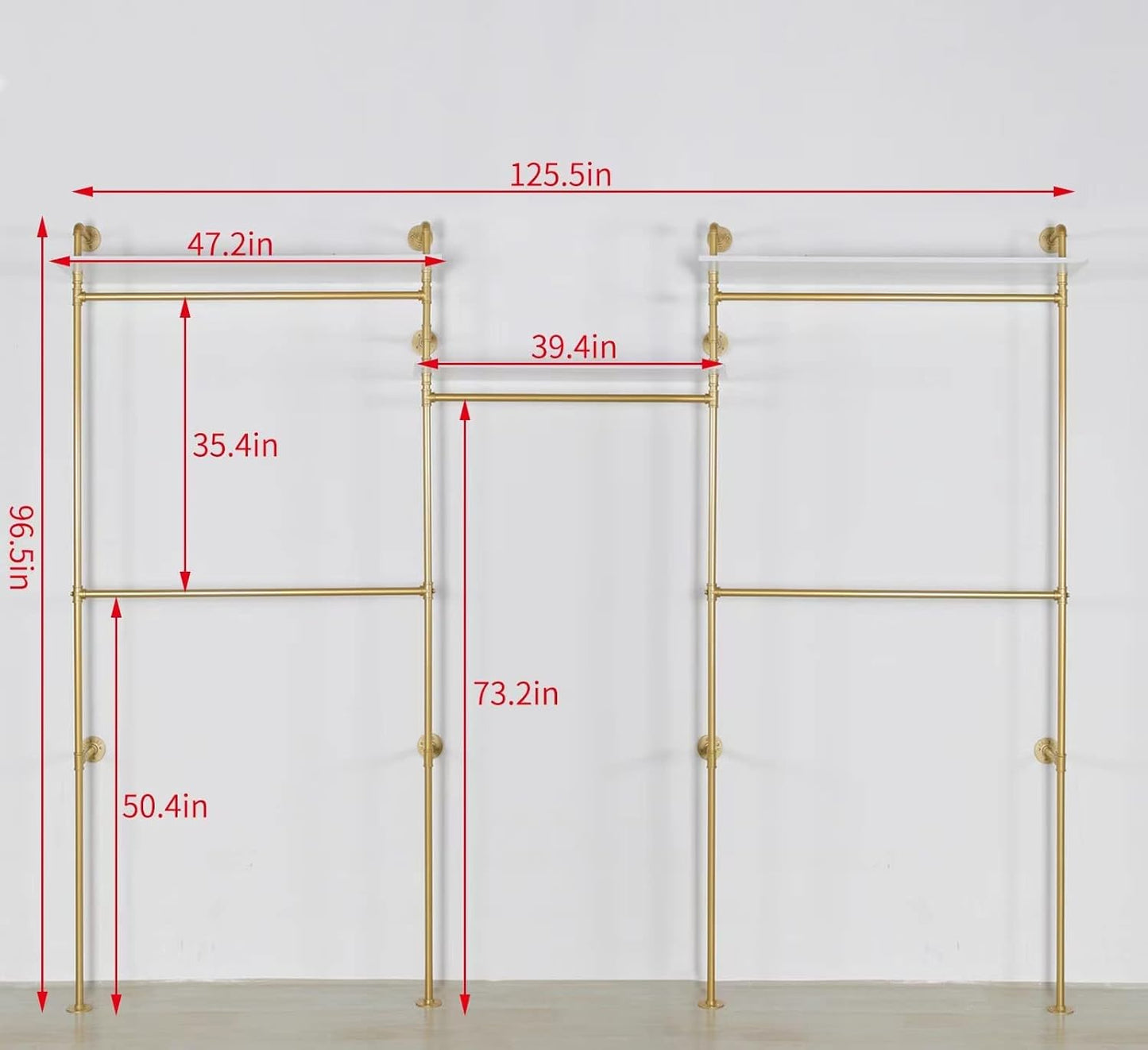 Industrial Pipe Clothing Rack Wall Mounted 5 Hanging Rods Garment Bar with Storage Shelf, Heavy Duty Metal Clothes Racks Closet System for Hanging Clothes Retail Display (Gold)