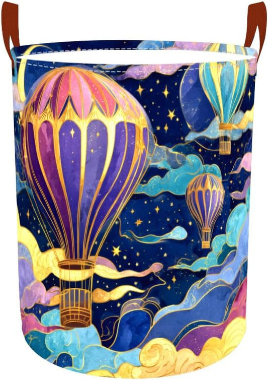 Laundry Baskets 15.7x19.7 Inch Large Hot Air Balloon Night Sky Design Collapsible Laundry Hamper with Handles Oxford Fabric Clothes Storage Bin Foldable Dirty Clothes for Bedroom Bathroom Dorm