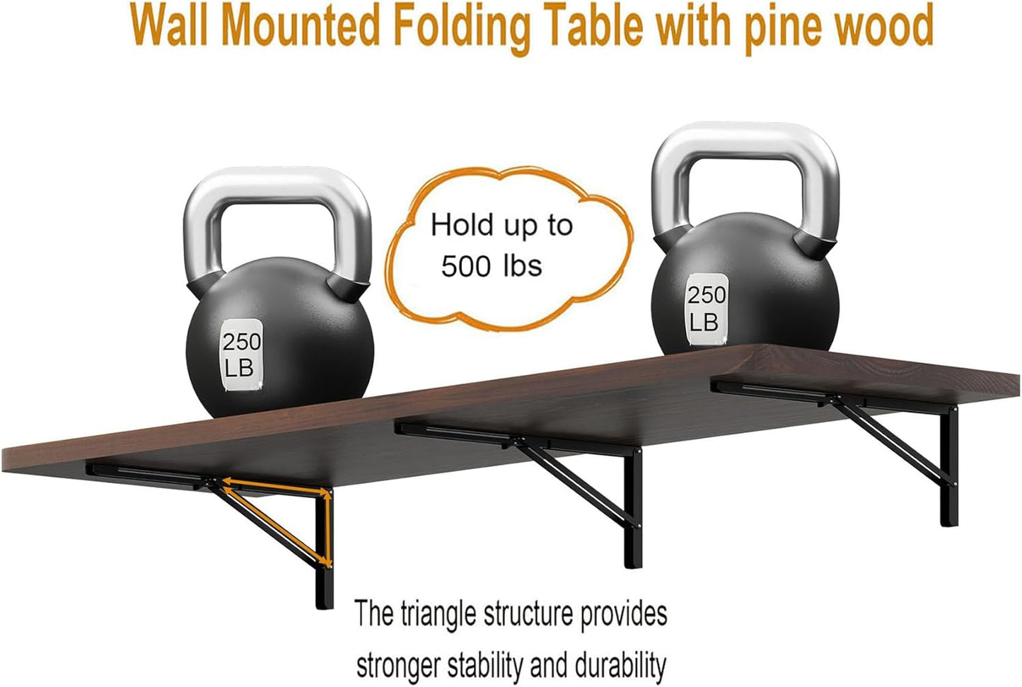 IAE Floating Wall Mounted Folding Table Desk with Pine Wood,60" x 22" Foldable Workbench,Fold Down Wall Mounted Foldable Desk with Shelf Brackets,Laundry Folding Table for Home,Dining,Kitchen,Brown