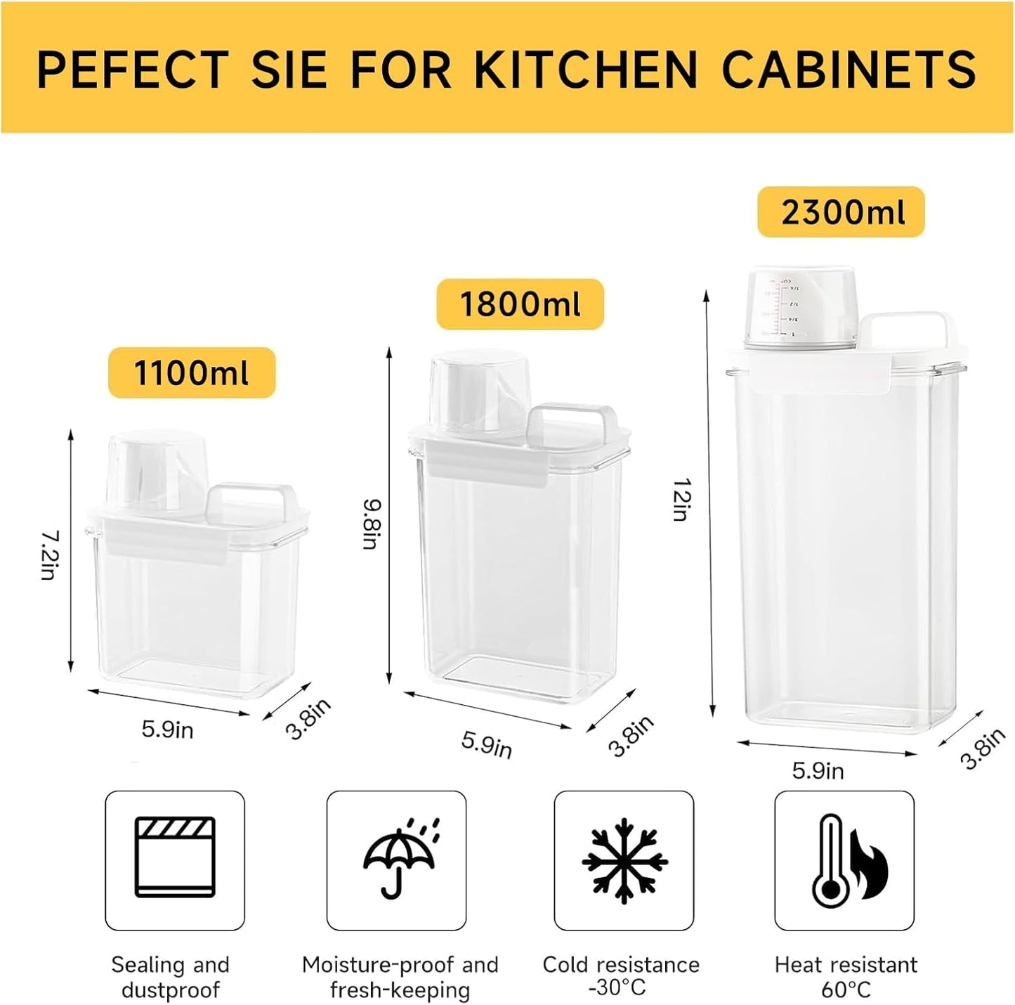 Cereal Container，Rice Storage Dispenser-Airtight Food Storage Organizers BPA-free Plastic Kitchen Pantry Storage Containers food-grade PET material Suitable for rice, grains(2300ml+1800ml)