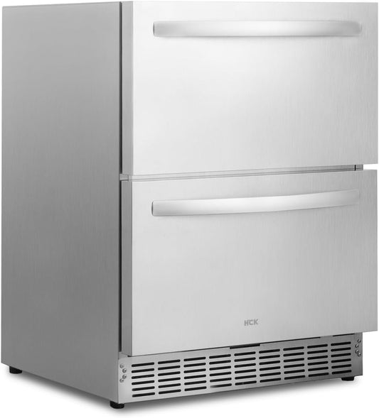 HCK 24 Inch Under Counter Double Drawer Fridge, Stainless Steel Outdoor Beverage Refrigerator for Patio, Built-in Beverage Fridge for Home & Commercial Use