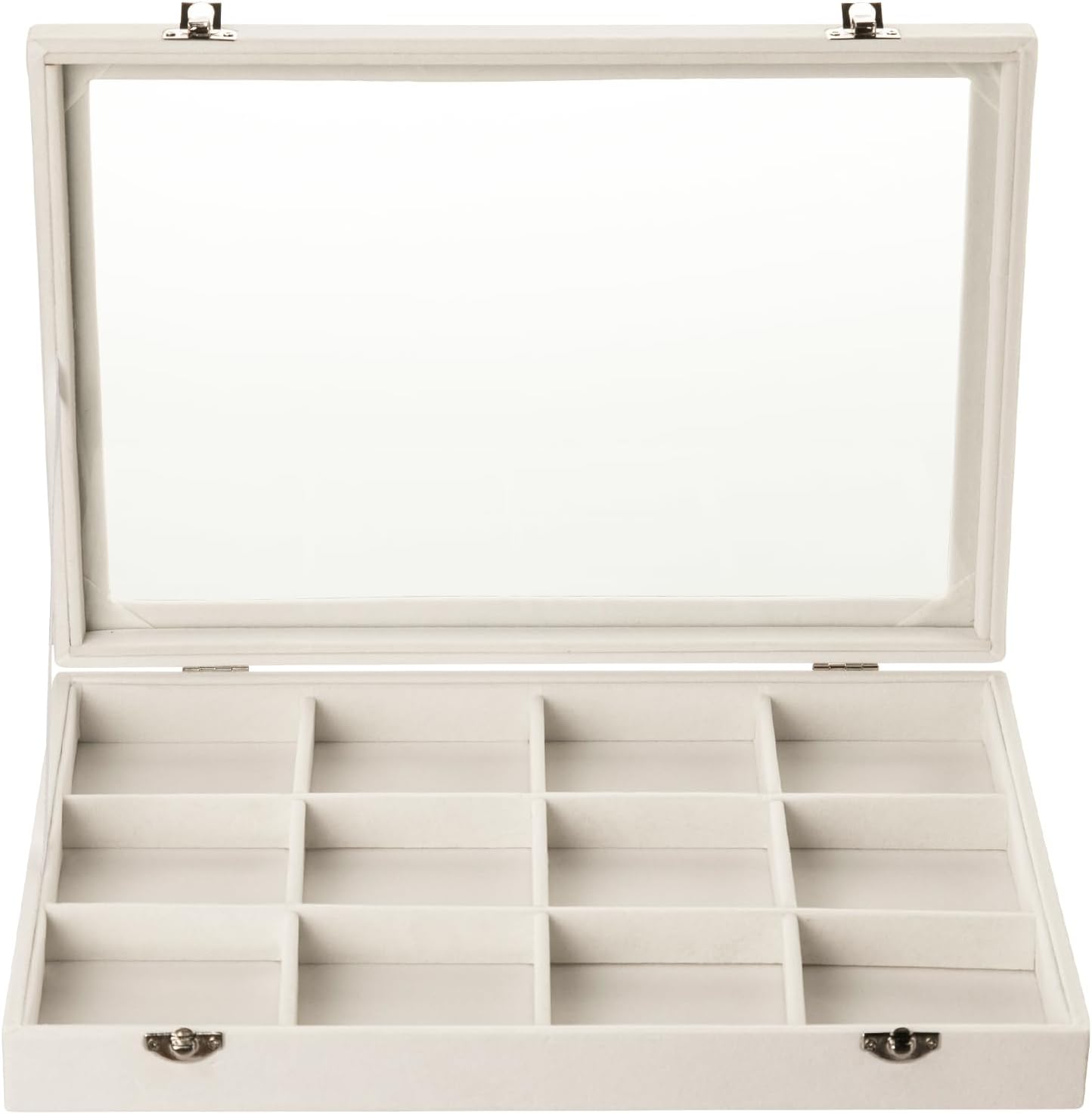 Frebeauty Velvet Jewelry Tray,12 Grid Jewelry Organizer with Clear Lid,Bracelets Holder,Jewelry Display Case with Clasp,Drawer Insert Bangle Brooch,13.8 x 9.5 x 2 Inches,Gift for Women Girls(Beige)