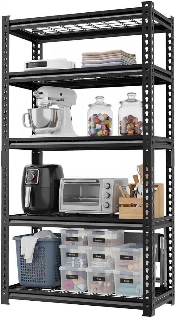 Storage Shelving Unit Heavy Duty Garage Shelves Metal Organizer Utility Rack for Kitchen Pantry Basement Pantry Warehouse Laundry Black 60" H x 28" W x 12.2" D 2000LBS 5-Tire