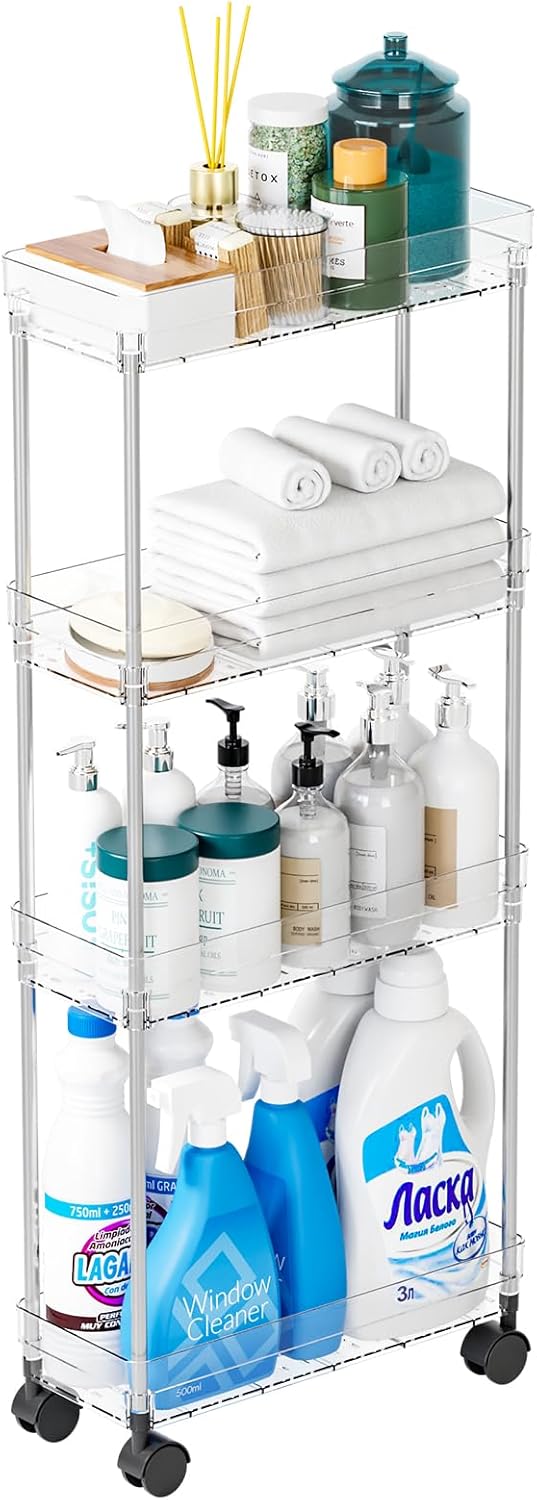 Yieach Clear 4 Tier Slim Rolling Storage Cart with Wheels,6.3″W Thin Shelf,Bathroom Storage Cabinet,Skinny Laundry Cart,Narrow Laundry Room Cart Between Washer and Dryer,Skinny Shelves for Small Space