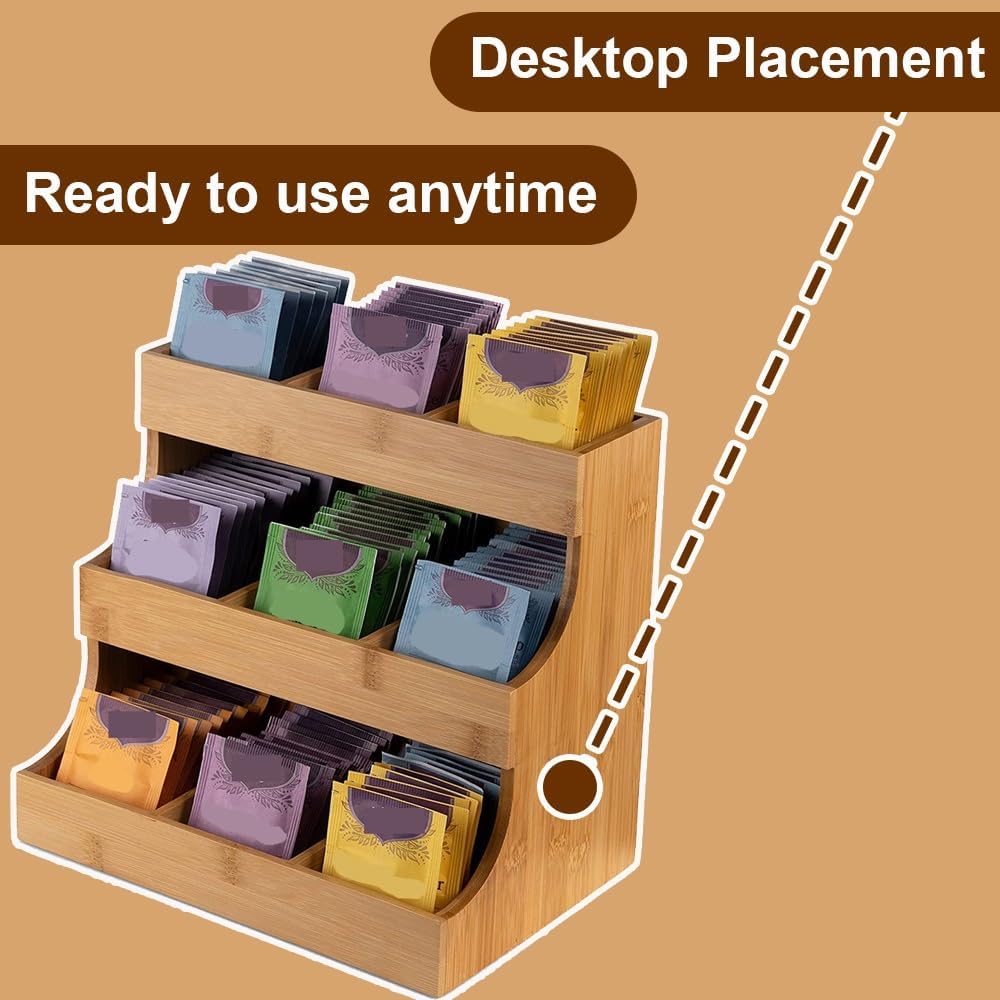 Bamboo Tea Bag Organizer, Practical Tea Bag Holder, Compact Coffee Pod Holder Fits Sugar Packets, Sweeteners, Creamers, Multi-purpose Storage Rack for Home, Kitchen, Office
