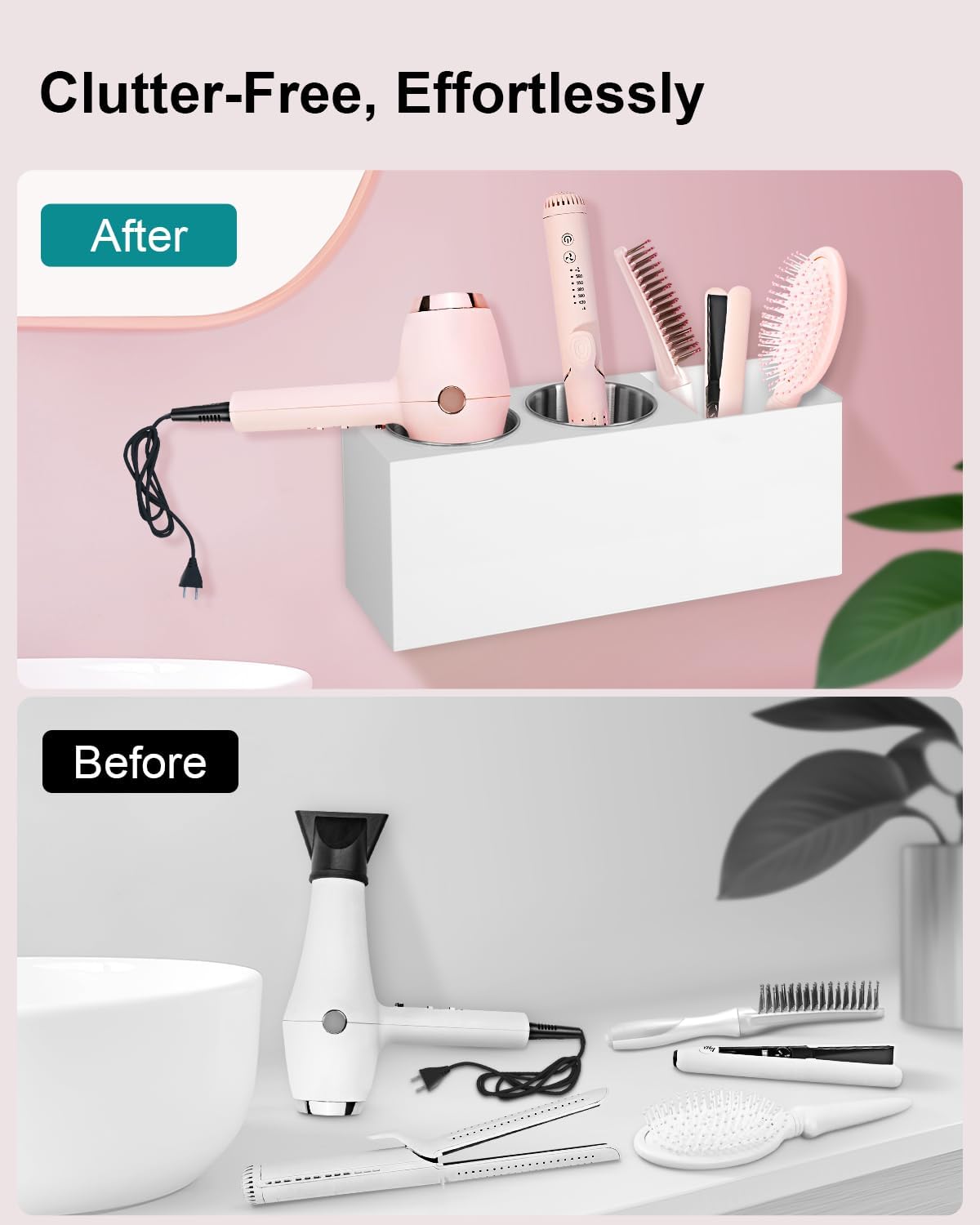 Hair Tool Organizer, Hair Dryer Holder with Heatproof Steel Cups, Acrylic Vanity Organizer for Curling Iron, Flat Iron & Hair Brushes, Perfect for Bathroom (White, Standard)