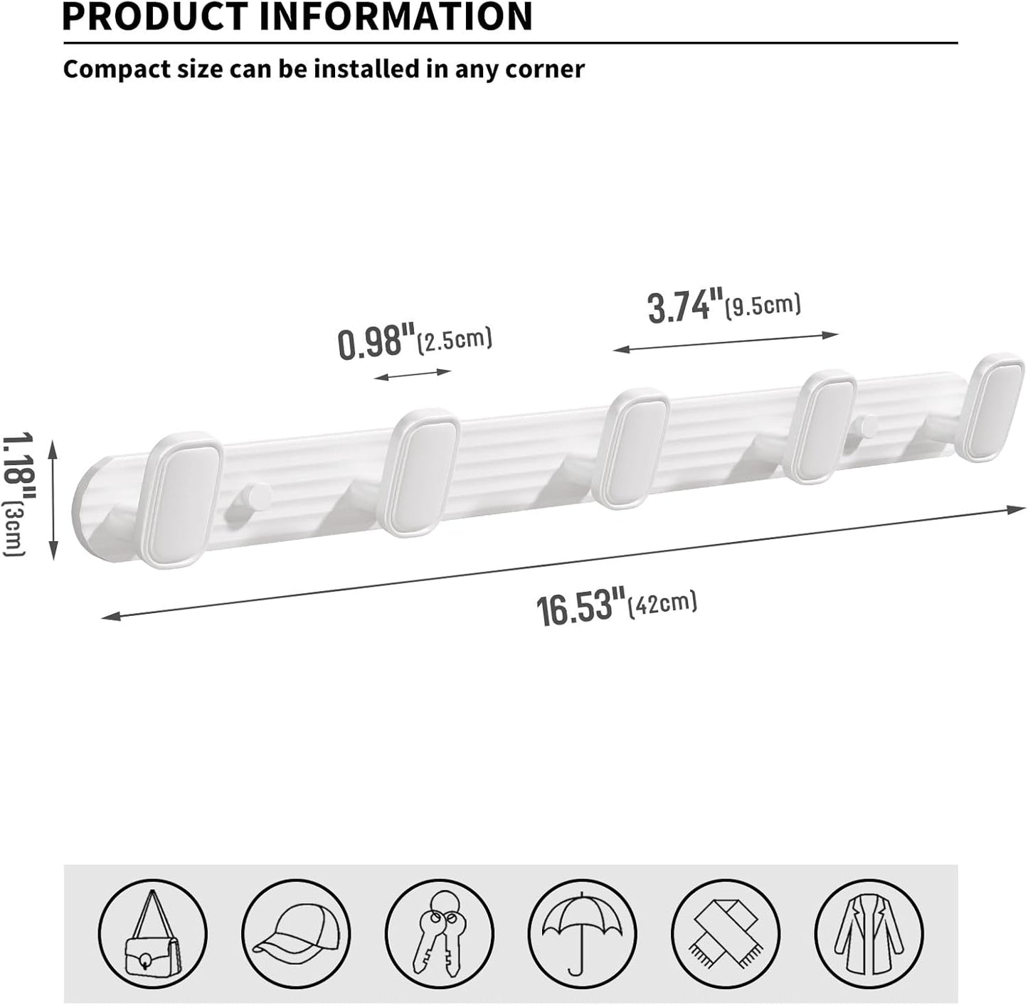 Coat Rack Wall Mount White, 5 Hooks Rack Metal Coat Hanger Wall for Hanging Hat Purse and Robes, Towel Hook for Bathrooms and Entryway (1 Pack)