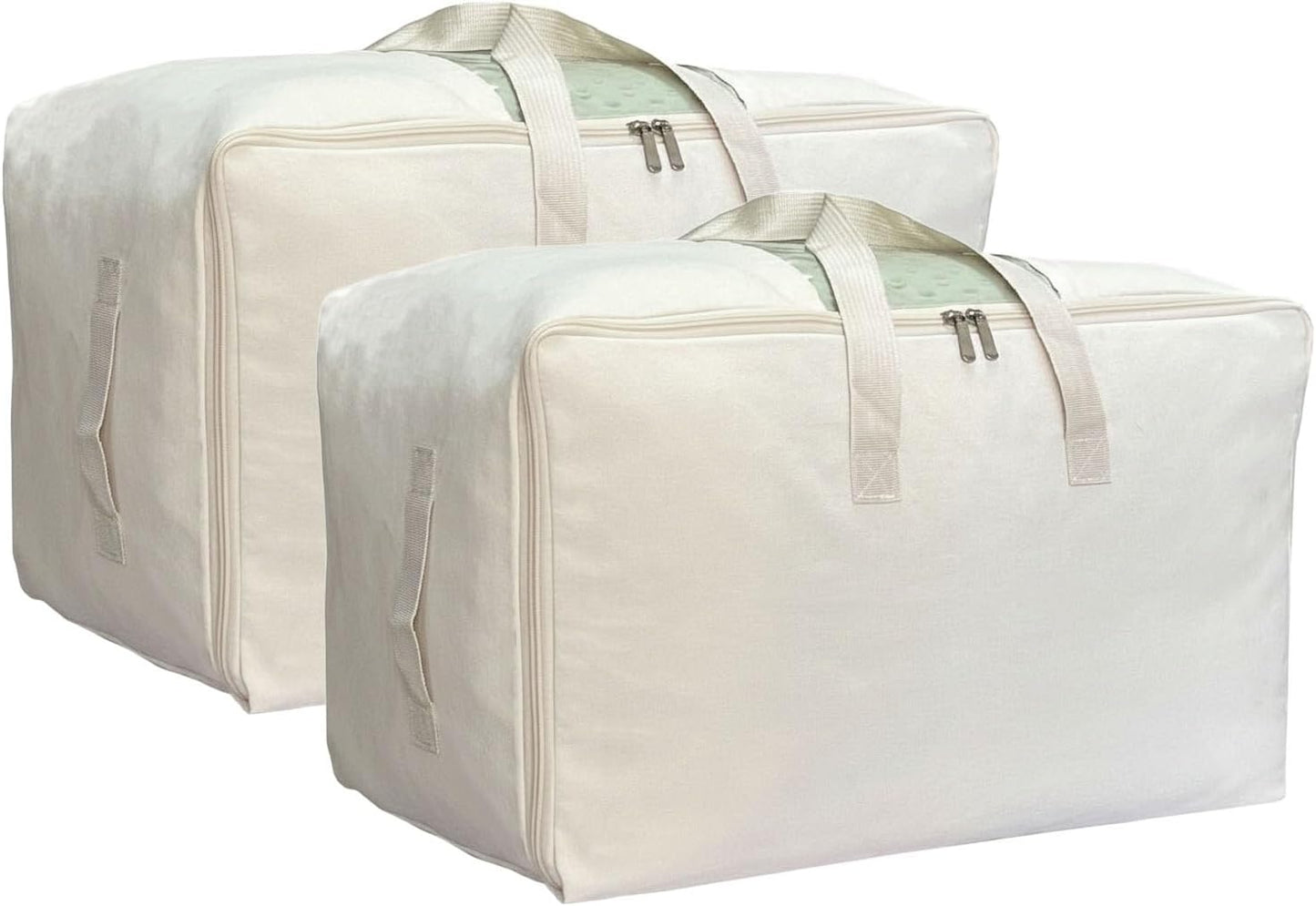 Soft Large Canvas Comforter Storage Bags with Four Carrying Handles and Clear Window, Closet Organizer for Clothing, Blankets Sheets Pillows and Bedding, 80L, 2 Pack, Beige