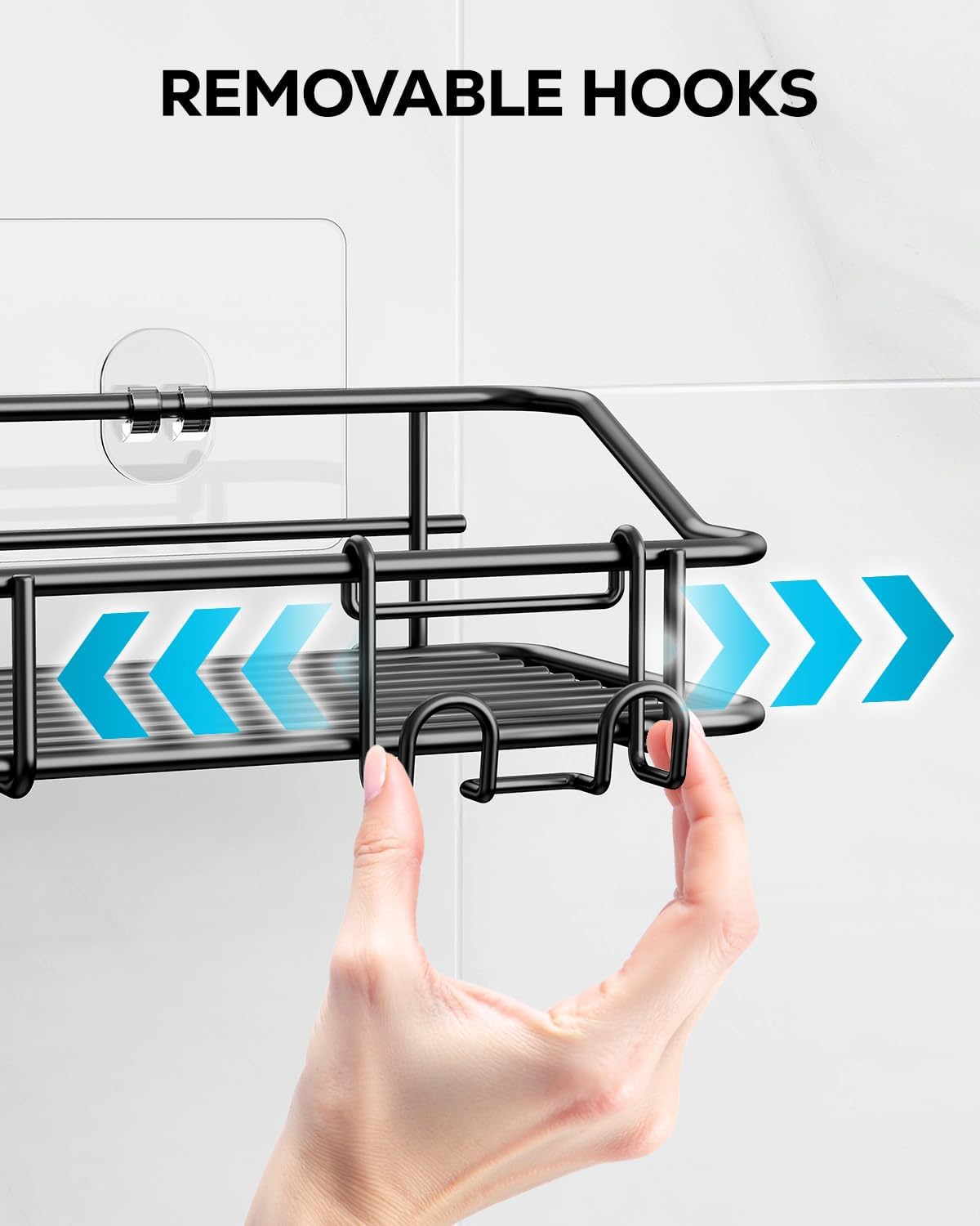 Nieifi Shower Caddy Shelf with Hooks Storage Rack Organizer Adhesive Stainless Steel without Drilling for Bathroom, Lavatory, Washroom, Restroom, Shower, Toilet, Kitchen (Black, 3 Pack)