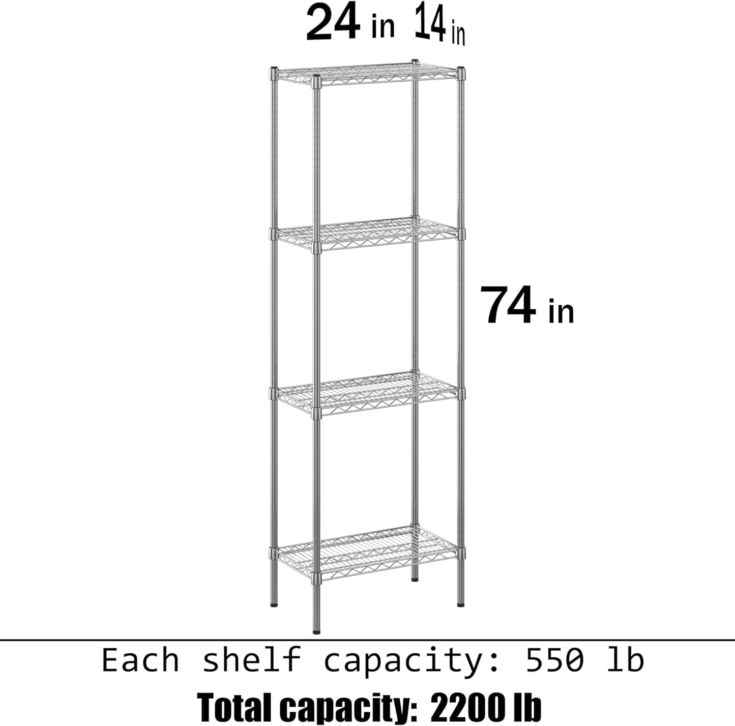 14" Deep x 24" Wide x 74" Height Wire Shelving Kit | 4-Tier | NSF Commercial Storage Rack Unit