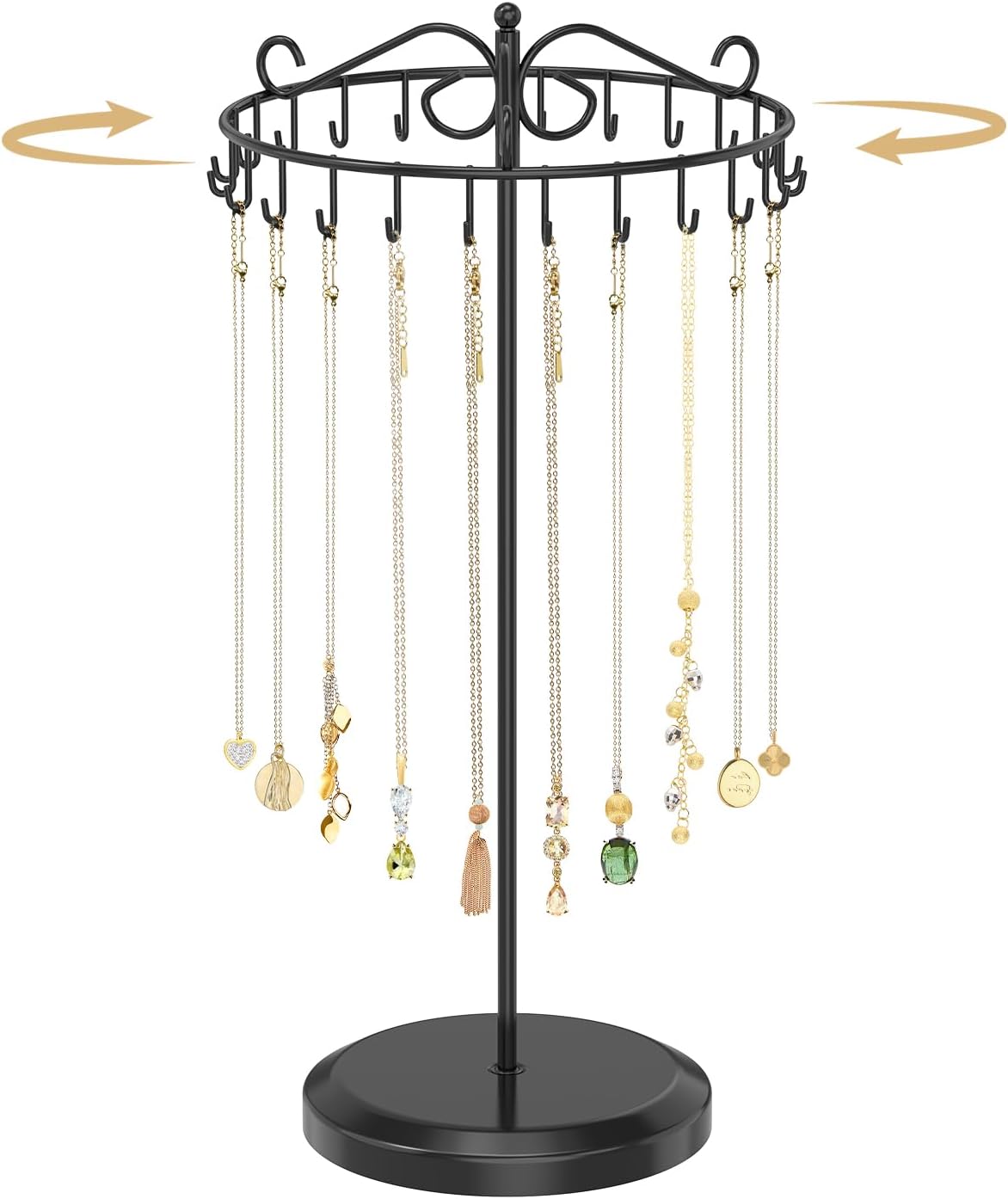 MODOWEY Rotating Necklace Holder Organizer Display Stand with 24 Hooks, Metal Spinning Tree for Long Necklace Hanger Selling, Tall Spinning Bracelet Storage Rack for Men Women Dresser, Black
