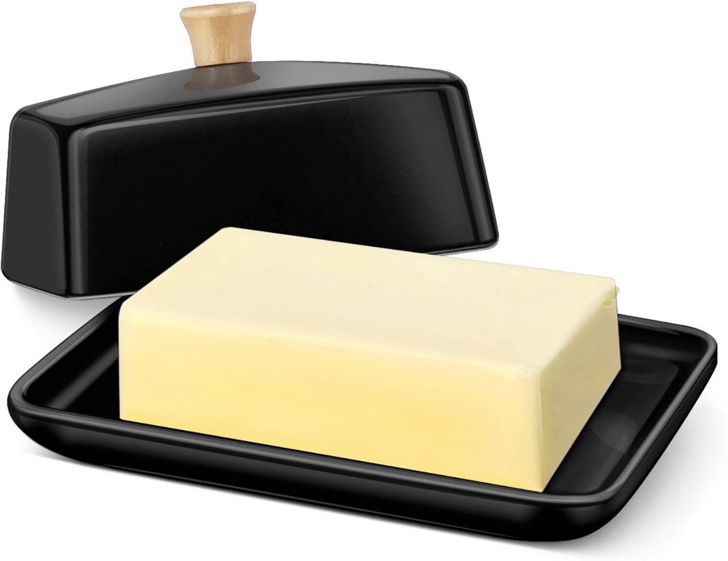 Flexzion Ceramic Black European Butter Dish with Lid for Countertop (8 Inch) - Wide 2 Stick Double Butter Holder for Counter, Cream Cheese Container Storage Keeper