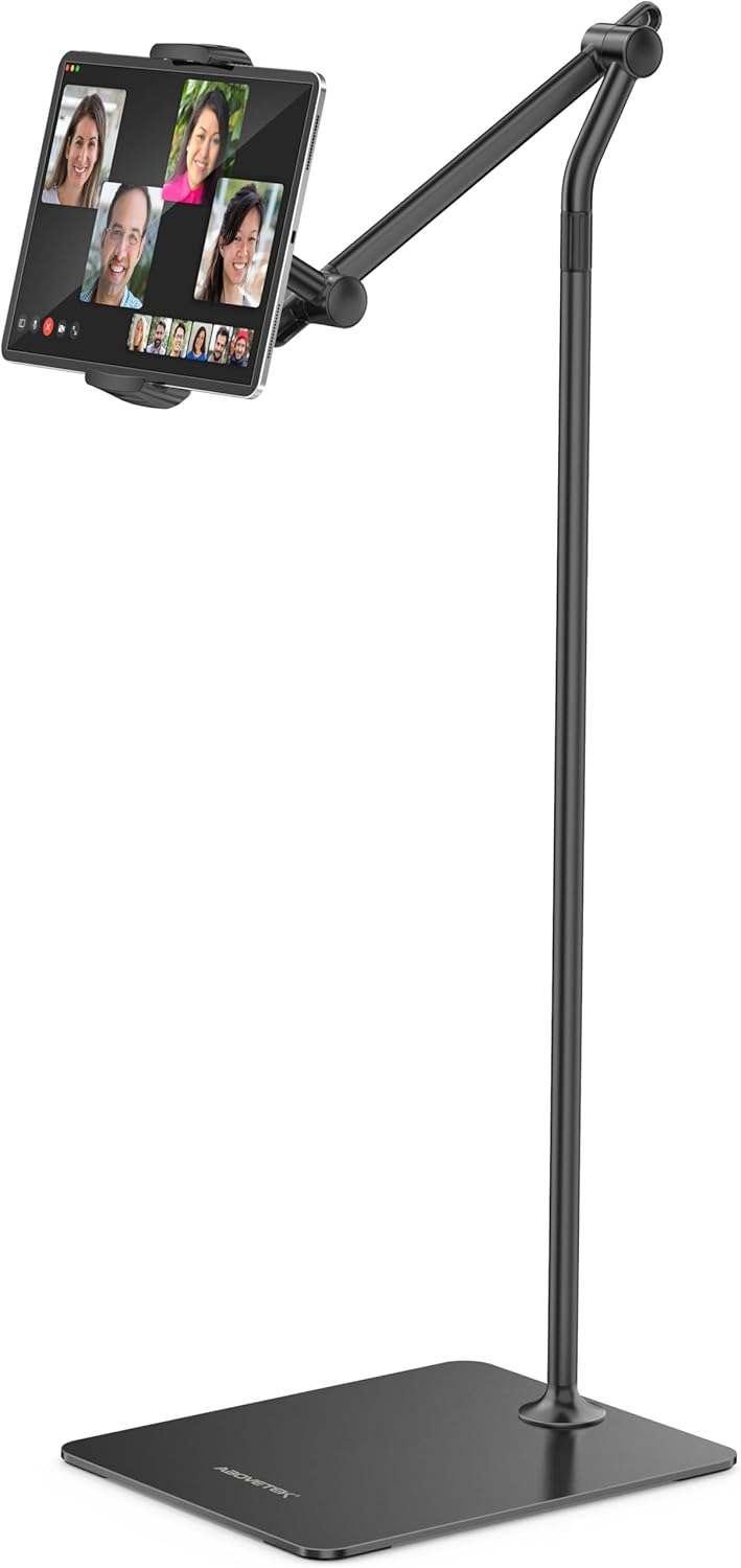 AboveTEK Tablet Floor Stand,Stylish Adjustable Height iPad Floor Stand with Stable Base,Aluminum 360° Rotation Holder for Sofa Bed,Fits 4.7-13.5"iPad Pro 12.9/Air/Mini,Galaxy Tab,iPhone,Kindle(Black)